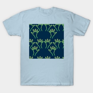 Cave Hands Anew Yellow-Green on Dark Blue T-Shirt